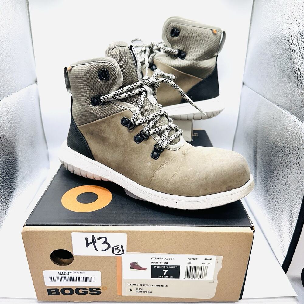 BOGS Cypress Lace ST Work Boots Women's Size 7 M Waterproof Taupe Leather - Picture 1 of 7